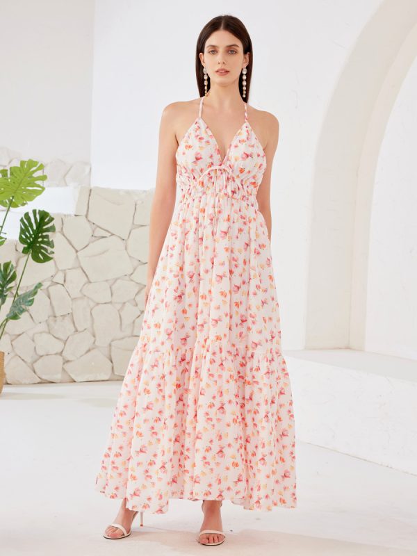 Floral Printed Summer Dress Halter V-neck High Waist Open Back Beach Long Dress For Women 2025