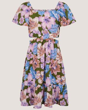 Floral Short Sleeve Cut Out Dress Green