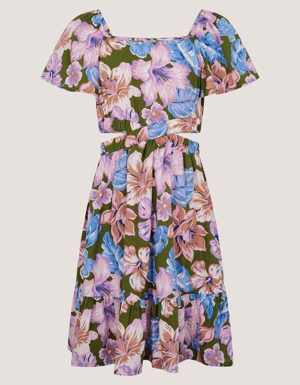Floral Short Sleeve Cut Out Dress Green