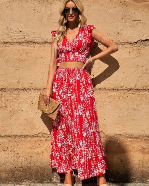Floral Two Piece Set Flutter Sleeve Crop Top And Maxi Skirt 2025