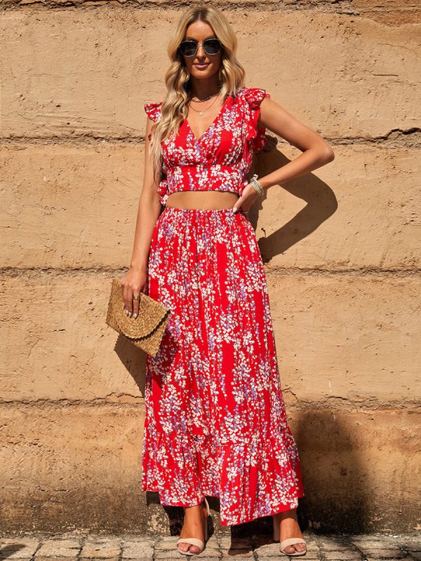 Floral Two Piece Set Flutter Sleeve Crop Top And Maxi Skirt 2025