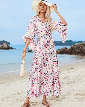Floral Wrap Dress Flared Sleeves V-Neck Belted Fall Casual Maxi Dresses