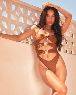 Flowe Trim Detail Cut Out Swimsuit In Brown, Women's Size UK 6
