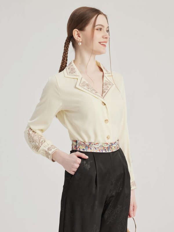Flower Embroidered Shirt In Apricot Lapel Spring Top For Women 2025