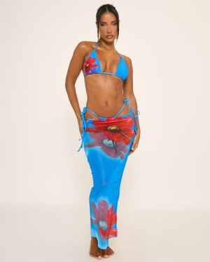 Flower Print Triangle Bikini And Maxi Skirt 3 Piece Set In Blue, Women's Size UK Large L