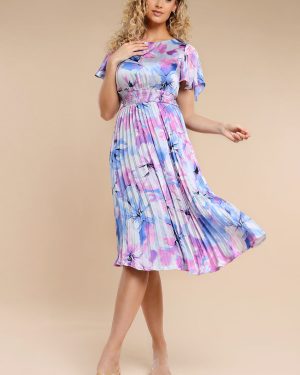 Flutter Sleeve Pleated Skirt Floral Midi Dress - Blue by Goddiva