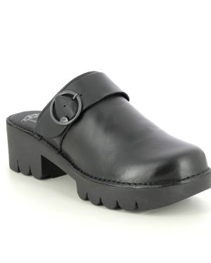 Fly London Enda Etta Black leather Womens slipper mules P801510-010 in a Plain Leather in Size 40