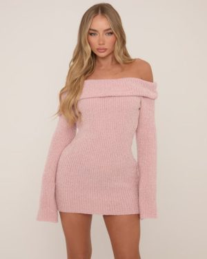 Fold Over Bardot Mini Bodycon Dress In Baby Pink Boucle Knit, Women's Size UK Large L