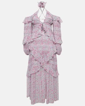 For Love & Lemons Pink Floral Print Chiffon Ruffled Rowan Maxi Dress S