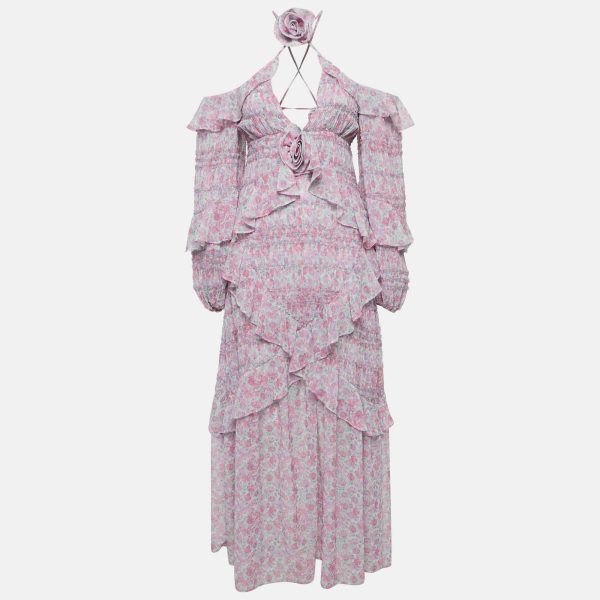 For Love & Lemons Pink Floral Print Chiffon Ruffled Rowan Maxi Dress S