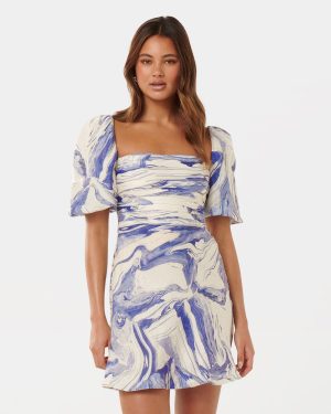 Forever New Women's Abigail Printed Puff-Sleeve Mini Dress in Blue Sahara Marble, Size 10 Linen/Polyamide/Viscose