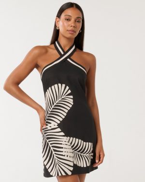 Forever New Women's Adore Halter Neck Linen Mini Dress in Paros Palm, Size 4 Linen/Viscose/Viscose