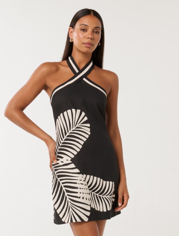 Forever New Women's Adore Halter Neck Linen Mini Dress in Paros Palm, Size 4 Linen/Viscose/Viscose