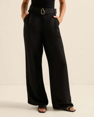 Forever New Women's Alice Belted Wide-Leg Trousers in Black, Size 10 Linen/Viscose