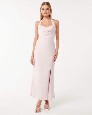 Forever New Women's Alice Halter Satin Maxi Dress in Barely Pink, Size 8 Polyester/Viscose/Polyester