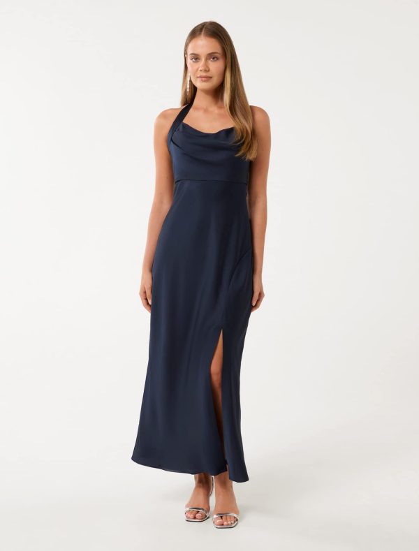 Forever New Women's Alice Halter Satin Maxi Dress in Navy, Size 14 Polyester/Viscose/Polyester