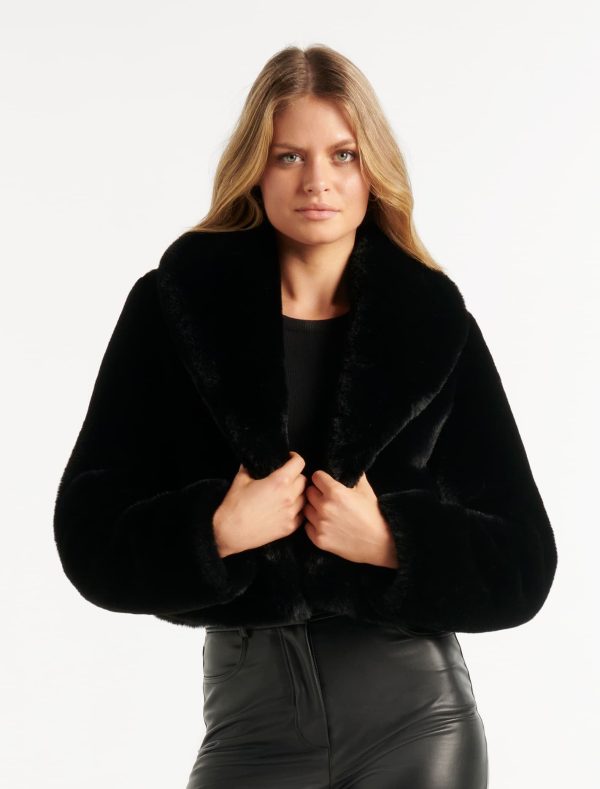 Forever New Women's Amera Crop Faux Fur Coat in Black, Size 6 Polyester/Elastane