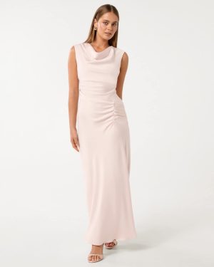 Forever New Women's Ava Draped Satin Maxi Dress in Barely Pink, Size 8 Polyester/Viscose/Polyester