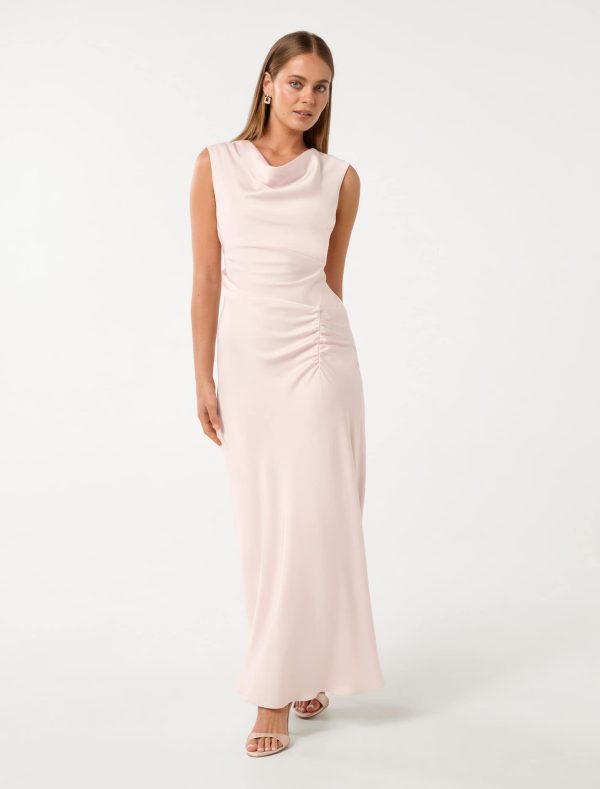 Forever New Women's Ava Draped Satin Maxi Dress in Barely Pink, Size 8 Polyester/Viscose/Polyester