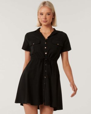 Forever New Women's Avana Skater Shirt Dress in Black, Size 6 Viscose/Polyester