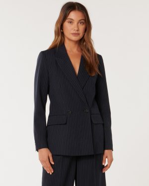 Forever New Women's Bella Double-Breasted Blazer Jacket in Navy Pinstripe Suit, Size 10 Polyester/Viscose/Elastane