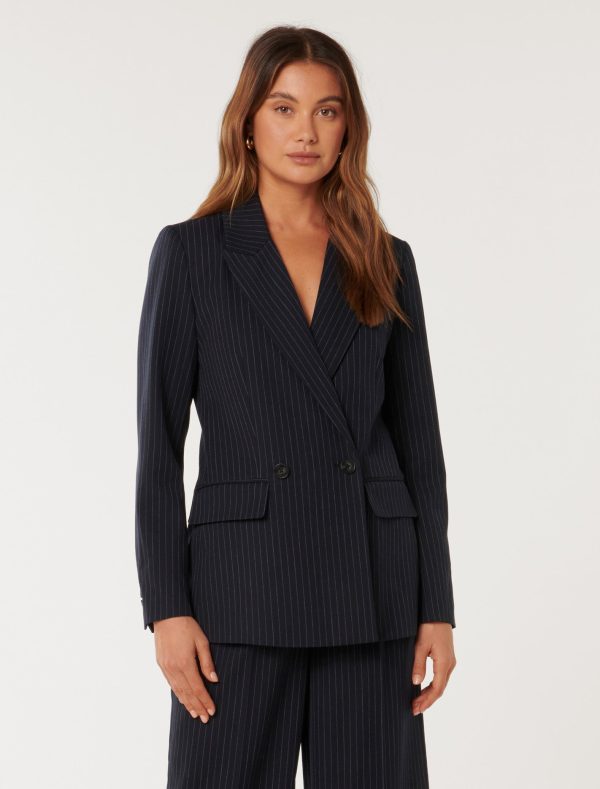 Forever New Women's Bella Double-Breasted Blazer Jacket in Navy Pinstripe Suit, Size 10 Polyester/Viscose/Elastane