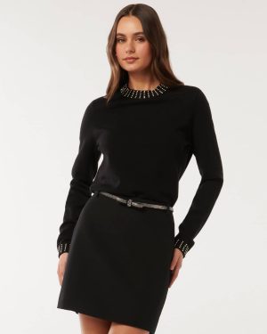 Forever New Women's Belle Embellished Bow Mini Skirt in Black, Size 16 Polyester/Elastane/Polyester