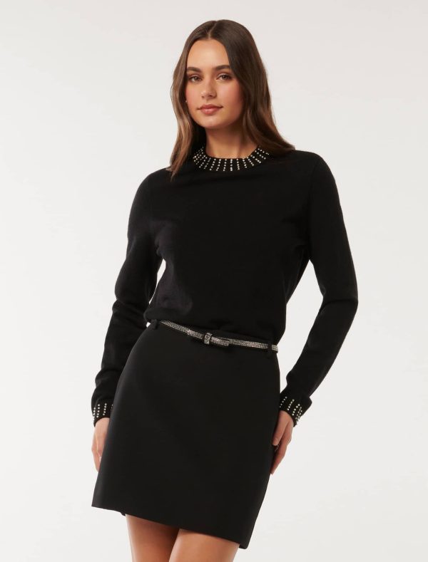 Forever New Women's Belle Embellished Bow Mini Skirt in Black, Size 16 Polyester/Elastane/Polyester