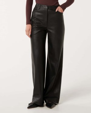 Forever New Women's Benni Vegan Leather Wide-Leg Trousers in Black, Size 12 100% Polyester with Polyurethane coating