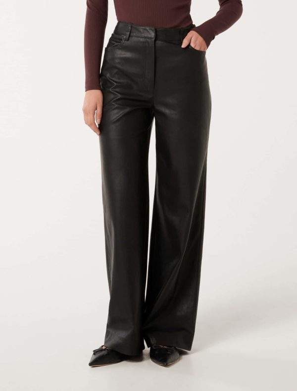 Forever New Women's Benni Vegan Leather Wide-Leg Trousers in Black, Size 12 100% Polyester with Polyurethane coating