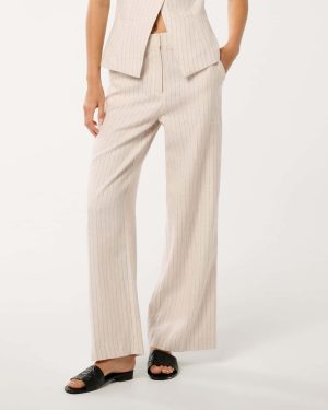 Forever New Women's Blake Pinstripe Wide-Leg Trousers in Neutral Co-ord, Size 10 Cotton/Linen