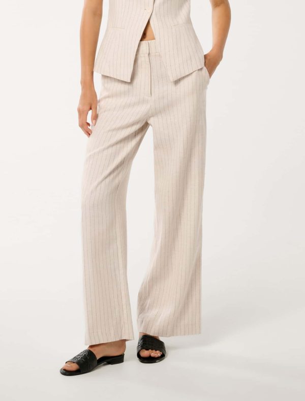 Forever New Women's Blake Pinstripe Wide-Leg Trousers in Neutral Co-ord, Size 10 Cotton/Linen