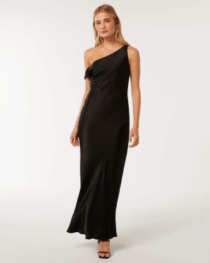 Forever New Women's Blake Satin Off-Shoulder Maxi Dress in Black, Size 4 Viscose/Polyester