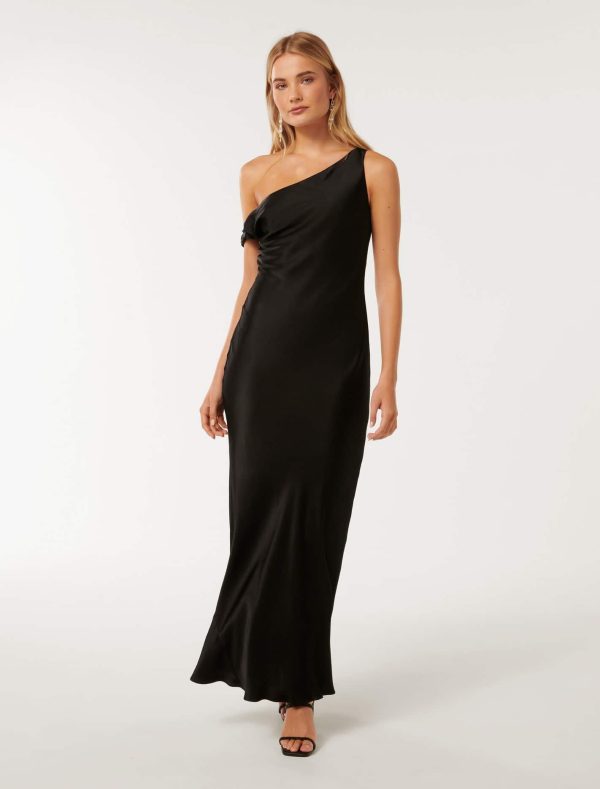 Forever New Women's Blake Satin Off-Shoulder Maxi Dress in Black, Size 4 Viscose/Polyester