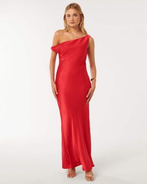 Forever New Women's Blake Satin Off-Shoulder Maxi Dress in Strawberry Red, Size 4 Viscose/Polyester