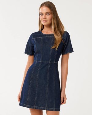 Forever New Women's Bleu Shift Denim Dress in Dark Rinse Wash, Size 10 100% Cotton