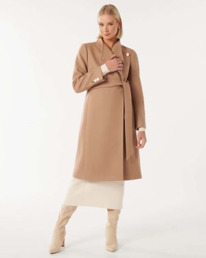 Forever New Women's Brodie Funnel Neck Coat in Camel, Size 6 Polyester/Acrylic/Wool