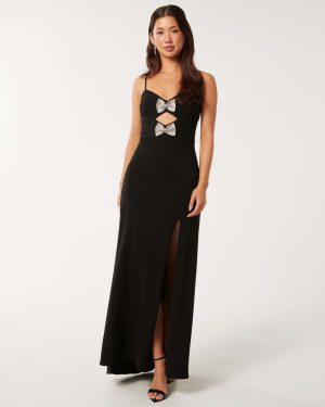 Forever New Women's Brynn Strappy Bow Maxi Dress in Black, Size 8 Polyester/Elastane/Polyester