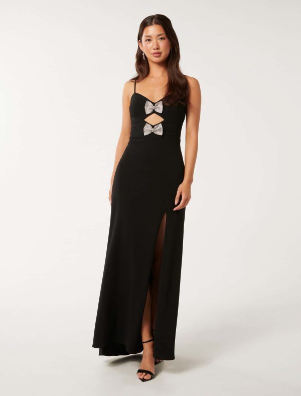Forever New Women's Brynn Strappy Bow Maxi Dress in Black, Size 8 Polyester/Elastane/Polyester