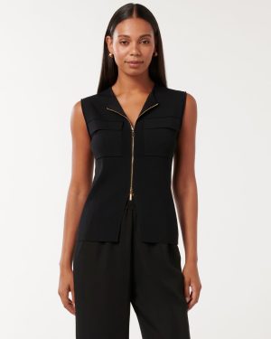 Forever New Women's Carmen Utility Knit Top in Black, Size Small Viscose/Polyamide