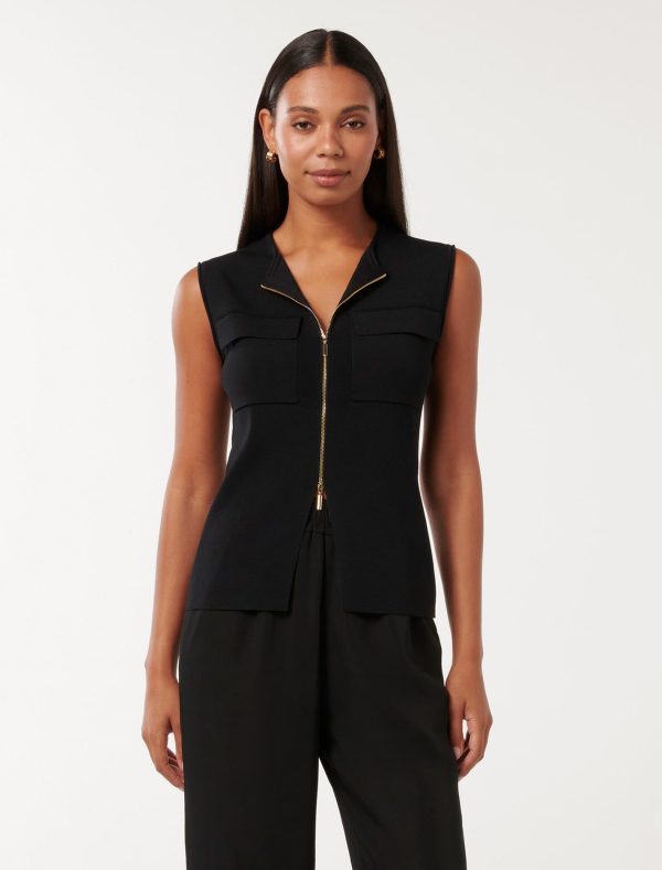Forever New Women's Carmen Utility Knit Top in Black, Size Small Viscose/Polyamide