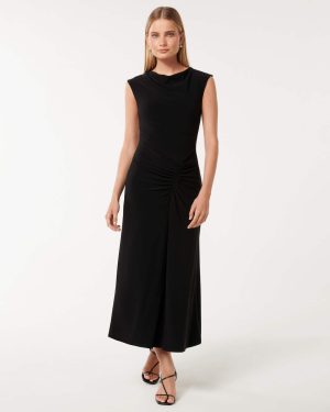 Forever New Women's Carrie Draped Bodycon Midi Dress in Black, Size 12 Main/Polyester
