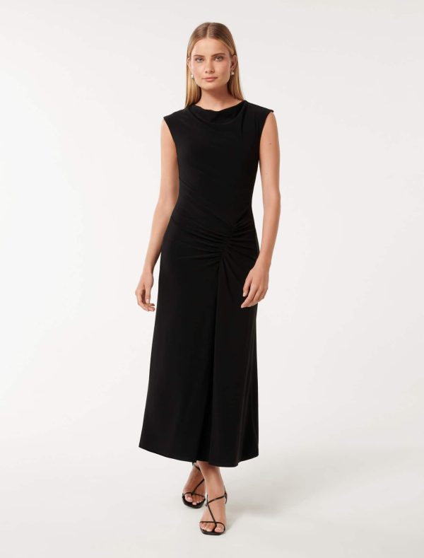 Forever New Women's Carrie Draped Bodycon Midi Dress in Black, Size 12 Main/Polyester