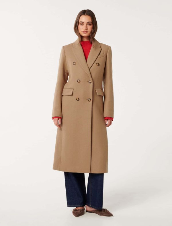 Forever New Women's Chandelle Double Breasted Coat in Camel, Size 6 Polyester/Wool/Polyester