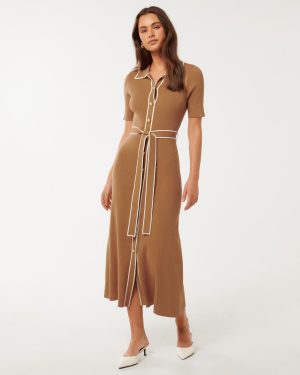 Forever New Women's Cindy Contrast A-Line Dress in Camel/Porcelain, Size 10 Viscose/Polyester/Polyamide