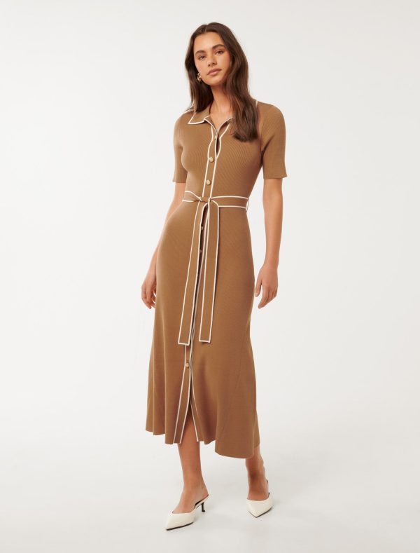 Forever New Women's Cindy Contrast A-Line Dress in Camel/Porcelain, Size 10 Viscose/Polyester/Polyamide