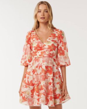 Forever New Women's Cindy Tiered Floral Skater Dress in Red Calida Botanical, Size 16 Lyocell/Polyamide/Linen