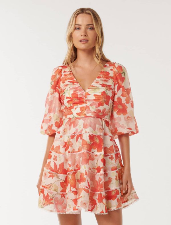 Forever New Women's Cindy Tiered Floral Skater Dress in Red Calida Botanical, Size 16 Lyocell/Polyamide/Linen