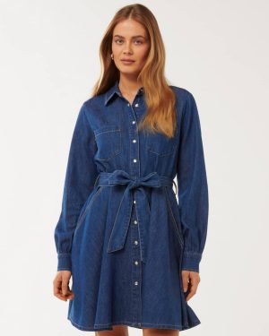 Forever New Women's Colette Denim Shirt Dress in Dark Wash, Size 6 Cotton/Linen