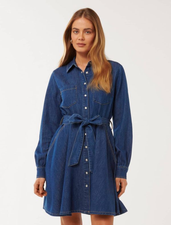 Forever New Women's Colette Denim Shirt Dress in Dark Wash, Size 6 Cotton/Linen